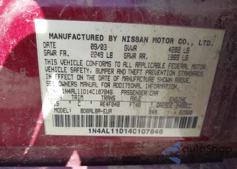 2004 Nissan Altima 2.5 S from USA, damaged, VIN 1N4AL11D14C107846
